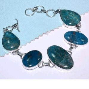 Blue Apatite Gemstone 925 Sterling Silver Handmade Bracelet